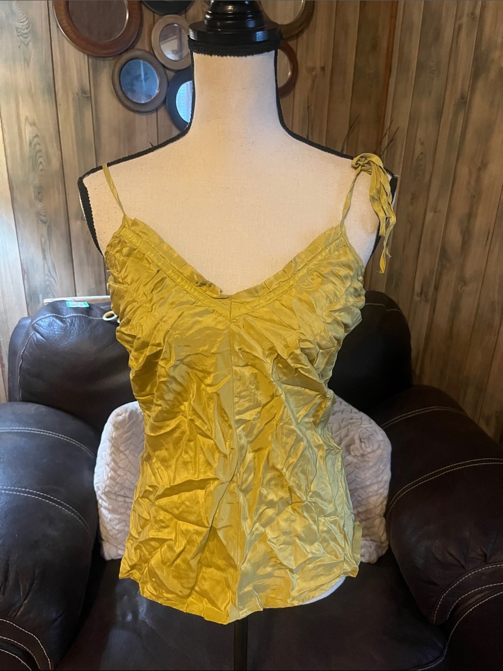 Miss Selfridge Pleated Gold/Yellow Satin Tie-Strap Camisole Y2K Feminine Boho